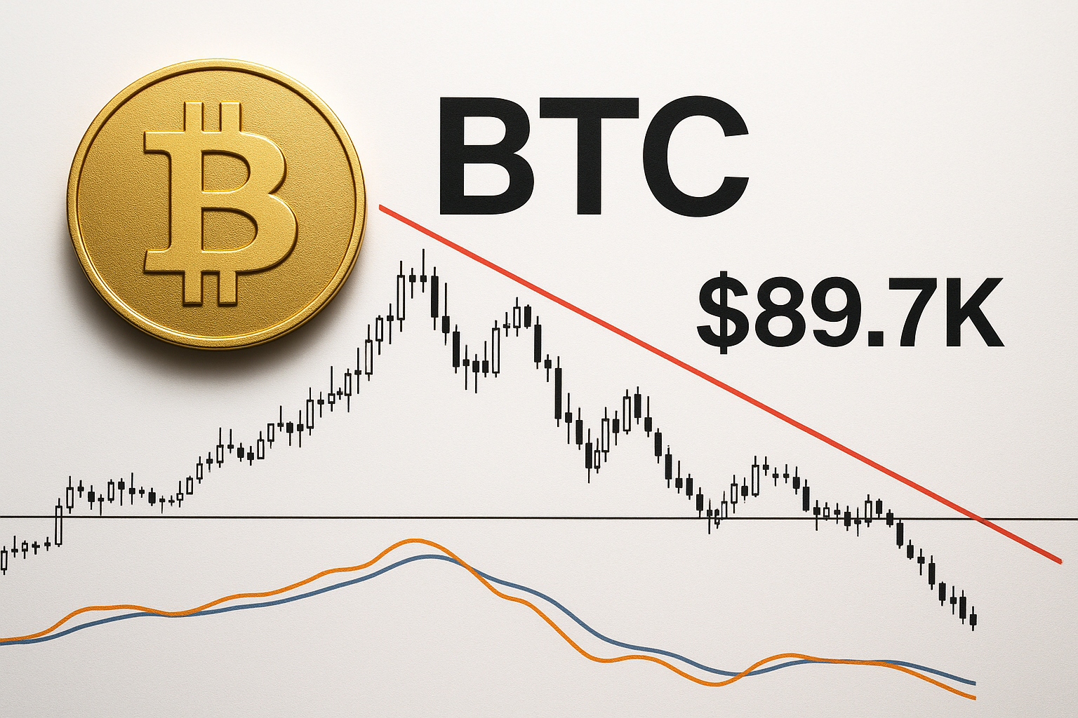 A candlestick chart of Bitcoin price testing support at $89.7K, with a red descending trendline, a horizontal support line, two moving average curves below, and a large gold Bitcoin coin alongside the bold “BTC $89.7K” label.