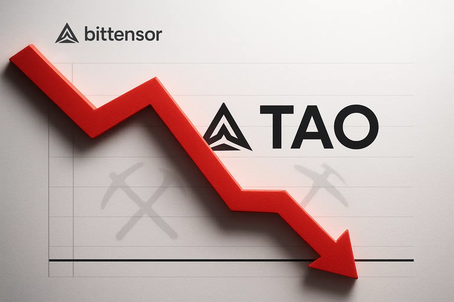 Bittensor logo and TAO symbol with a red zigzag arrow pointing downward over a grid, signifying a 30% monthly drop and critical support test with faint mining pickaxes in the background