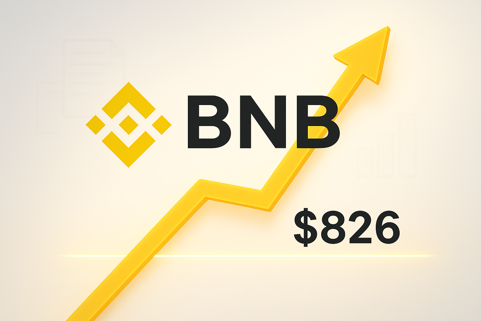 Binance BNB logo with a bright yellow upward-trending arrow and $826 price display, symbolizing bulls defending support level amid rising institutional ETF interest
