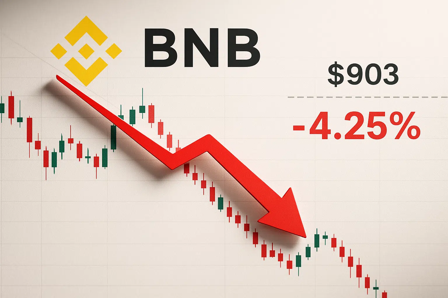 Chart illustrating BNB price at $903 down 4.25% with Binance logo, red downward arrow over a declining candlestick graph.
