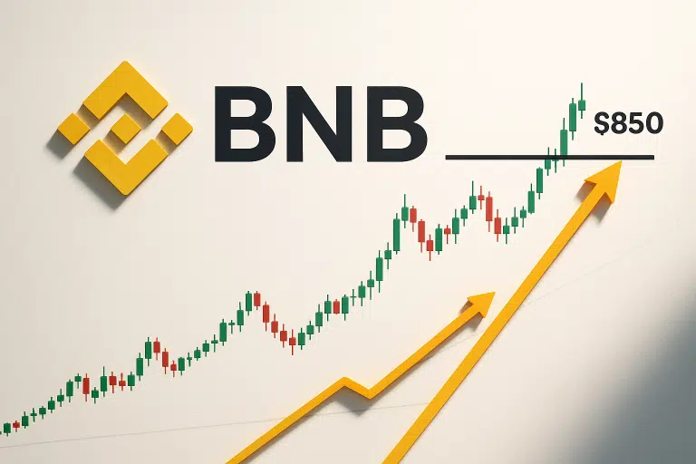 Binance BNB logo next to a green and red candlestick chart climbing toward a bold $850 horizontal line, with rising yellow arrows indicating bullish momentum.