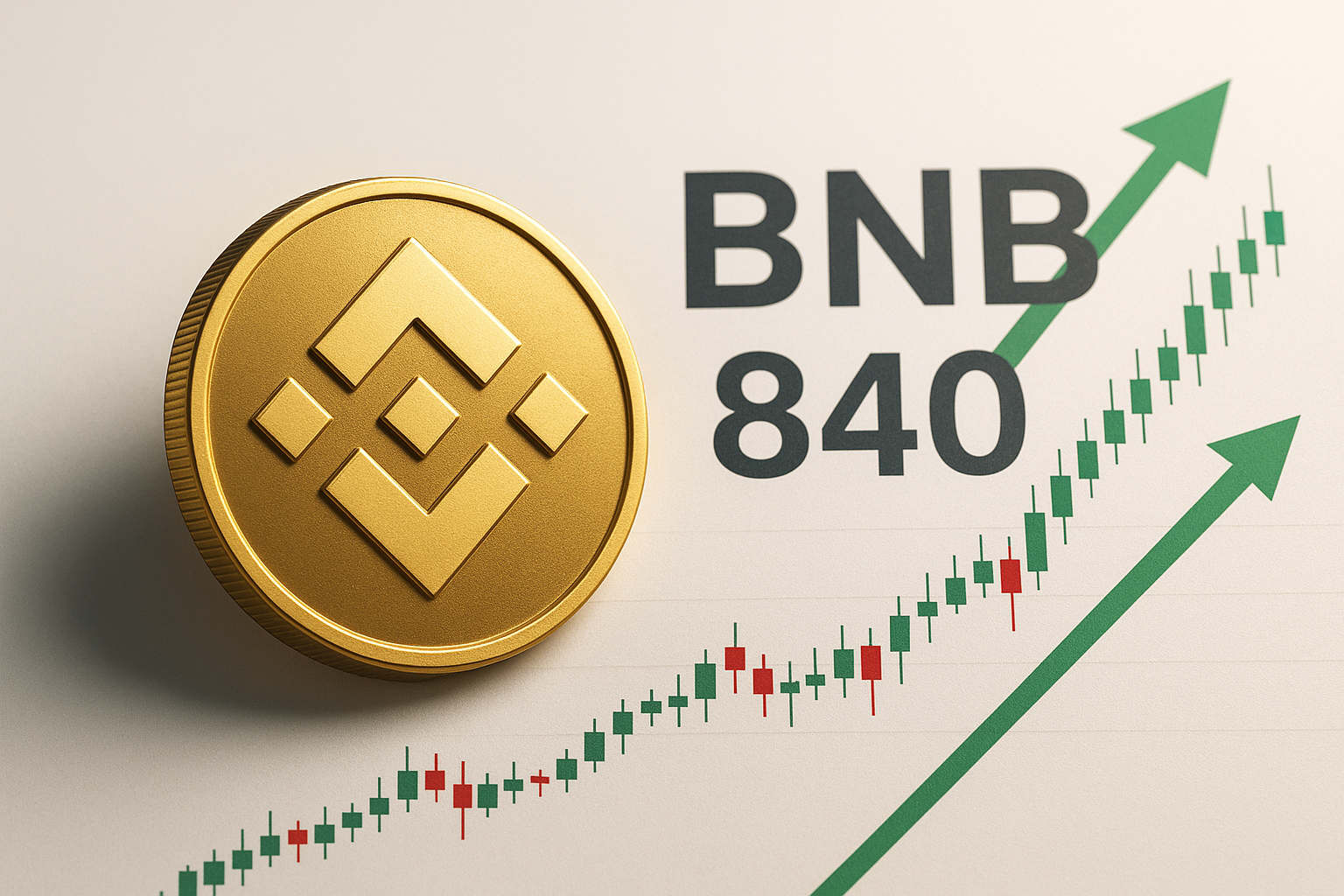 Gold Binance BNB coin beside a bullish candlestick chart and green upward arrows under the label “BNB 840,” illustrating price testing the $840 support level ahead of the Fermi hard fork.