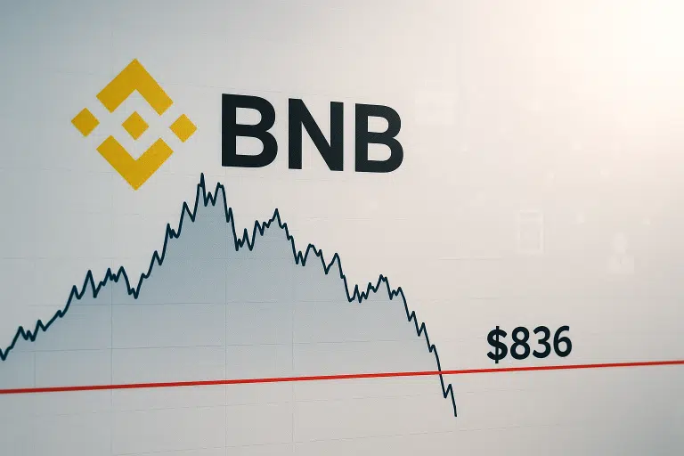 Binance Coin (BNB) logo with a price chart showing a steep decline breaking below a red support line at $836.