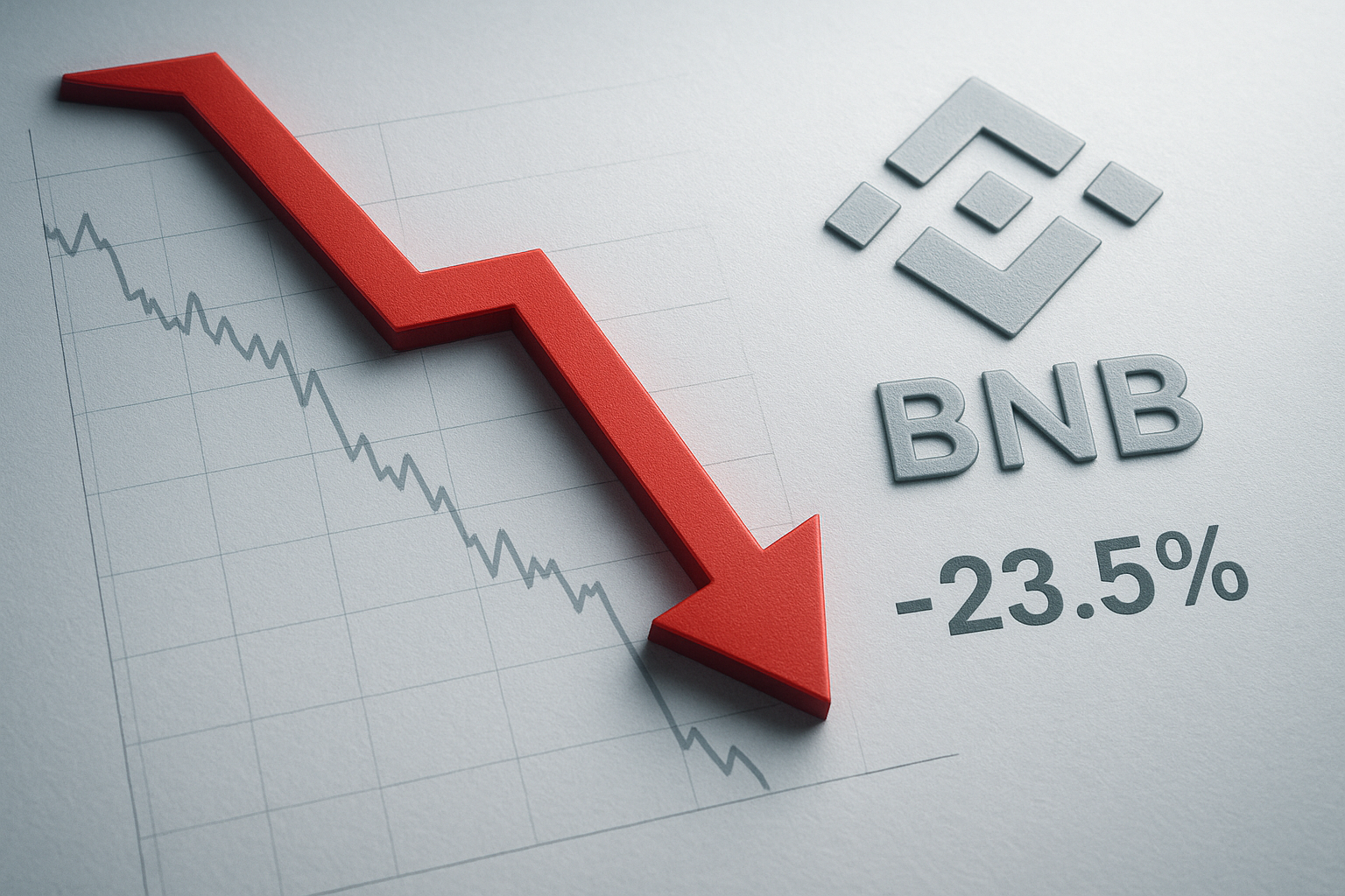 Red downward arrow over a faint line chart beside the Binance BNB logo and “-23.5%” text indicating a sharp drop in BNB’s value.