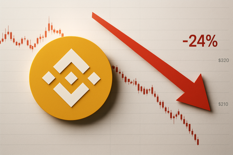 Binance Coin logo displayed against a plunging candlestick chart, accompanied by a large red downward arrow and “-24%” text indicating a sharp drop.