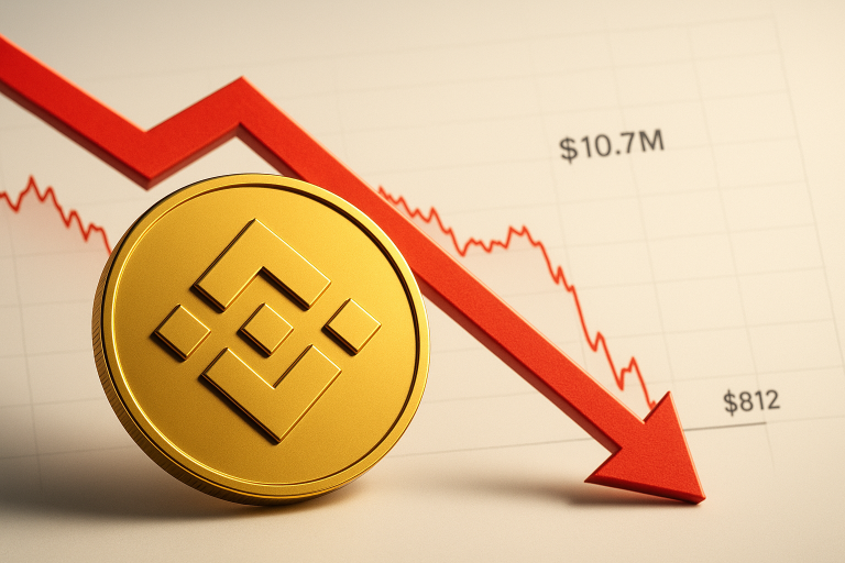 Golden Binance Coin token in front of a plunging red arrow and price chart annotated with $10.7M at the top and $812 at support