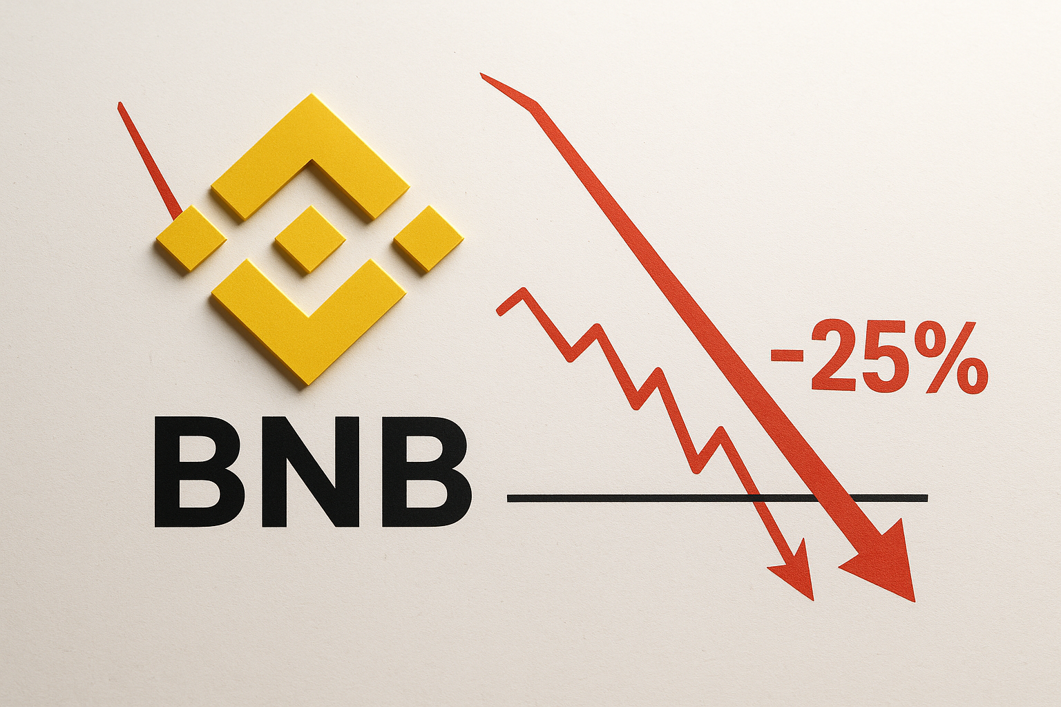Yellow Binance BNB logo next to a red declining zigzag line chart with arrows pointing down and “-25%” displayed.