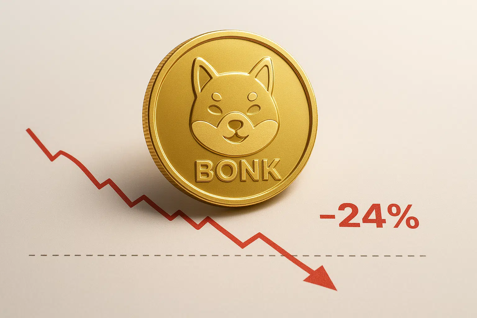 Golden coin embossed with a dog face and “BONK” above a red descending line graph marked “-24%” indicating a steep weekly drop.