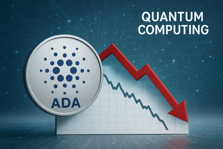 A large silver Cardano ADA coin with the Cardano logo in front of a grid chart showing a sharp downward-trending red zigzag arrow, set against a blue circuitry background with the words QUANTUM COMPUTING in the top right.