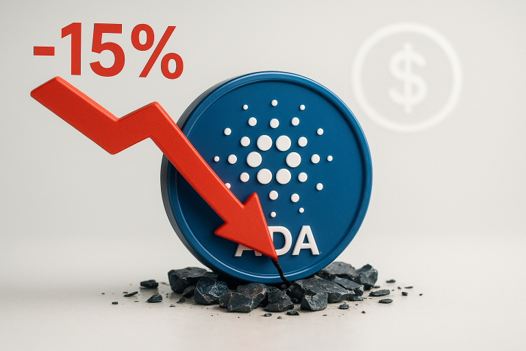 Blue Cardano coin with white ADA logo cracked by a red downward arrow labeled “-15%” as it smashes into dark rocks, with a faint dollar sign in the background.