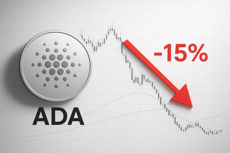 Silver Cardano coin next to a candlestick price chart slumping toward support, highlighted by a large red arrow and “-15%” label