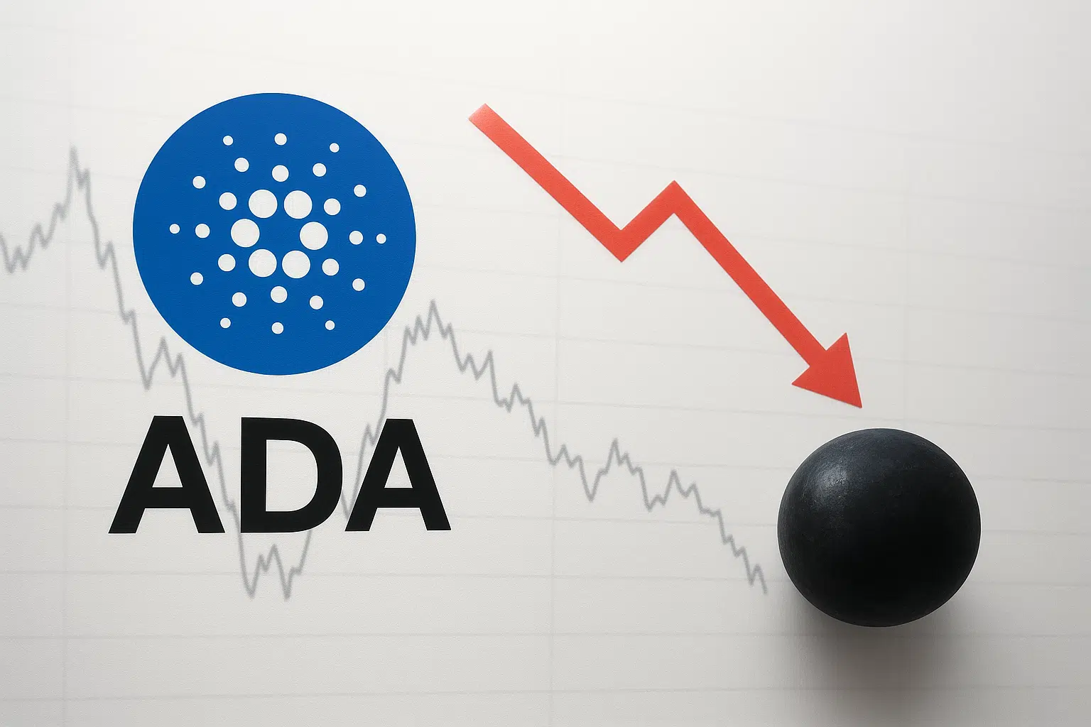 Cardano ADA logo and ticker with a red downward arrow pointing at a black sphere symbolizing the NIGHT token, set against a descending price chart to illustrate testing critical support after the token launch failed to spark recovery