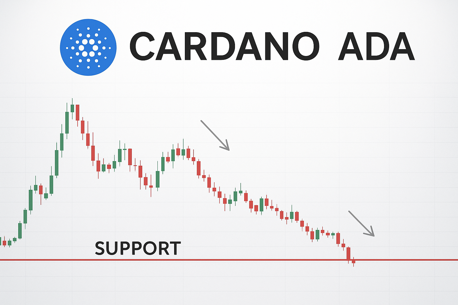 Cardano ADA logo above a candlestick chart illustrating a downward price trend, with grey arrows marking the decline and a red horizontal support line labeled SUPPORT at the base.