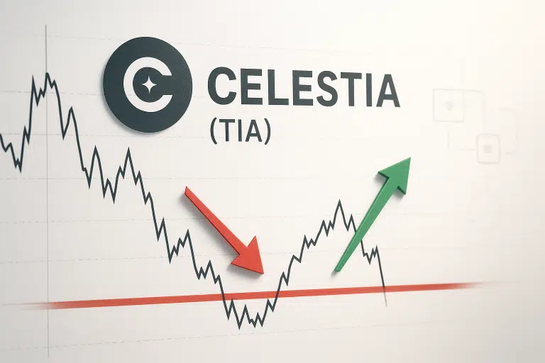 Celestia (TIA) logo with a price chart dipping to a red support line marked by a red arrow, then rebounding with a green arrow before another drop below the line, illustrating TIA testing critical support ahead of its modular blockchain upgrade.