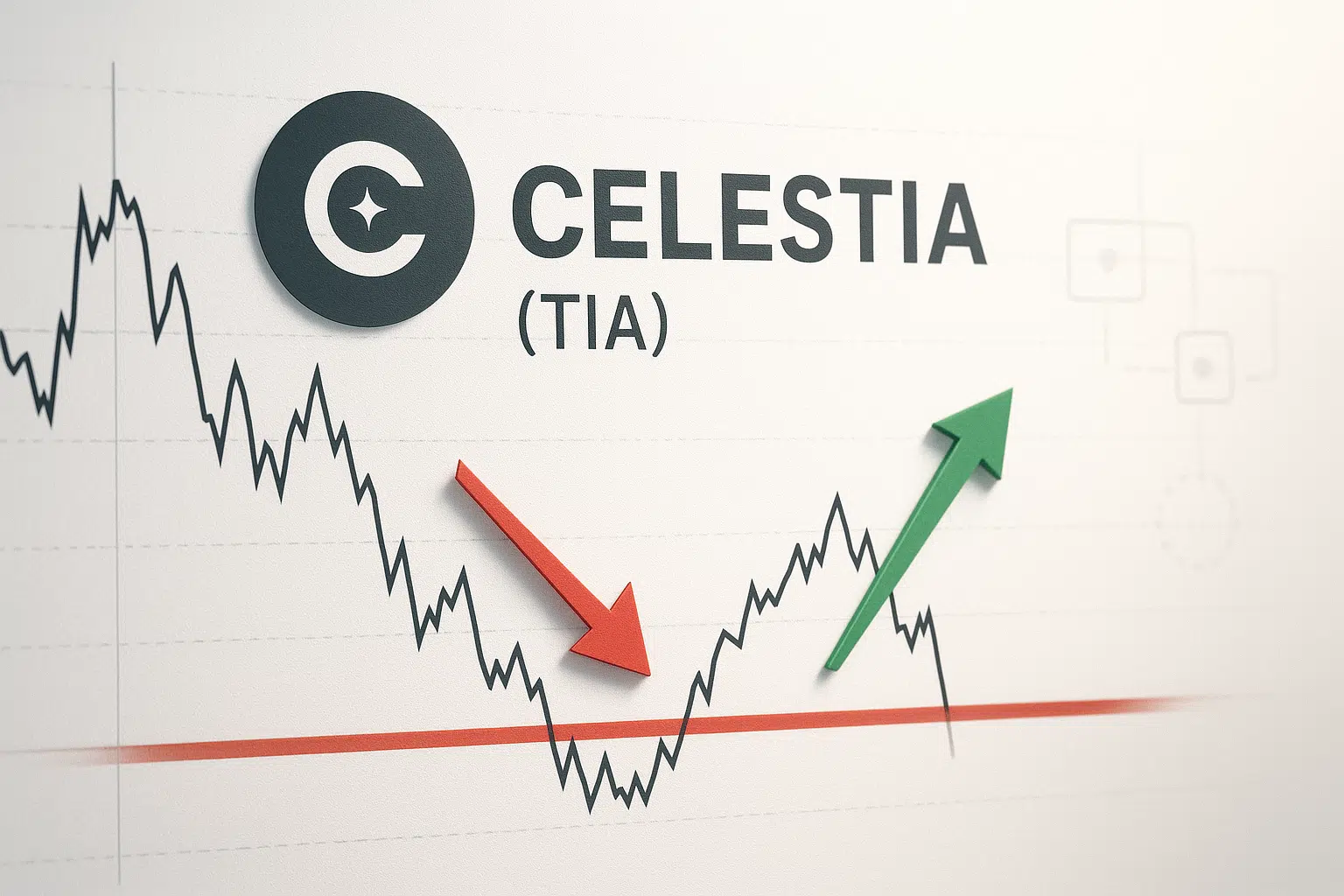 Celestia (TIA) logo with a price chart dipping to a red support line marked by a red arrow, then rebounding with a green arrow before another drop below the line, illustrating TIA testing critical support ahead of its modular blockchain upgrade.