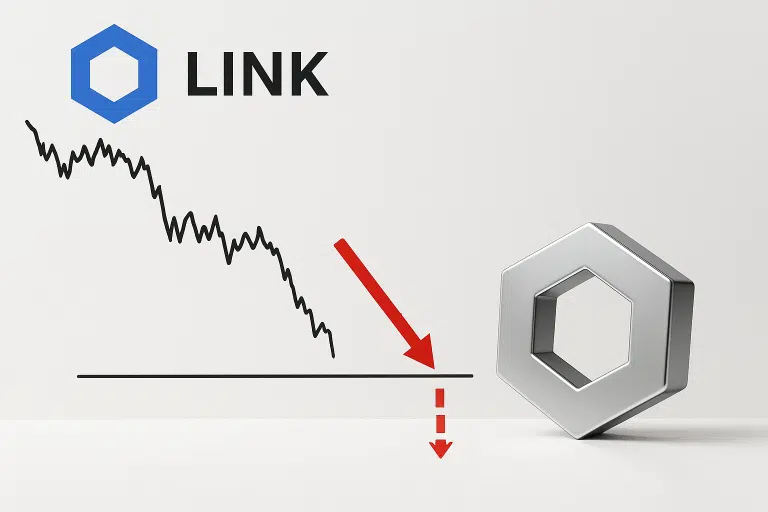 Chainlink logo and 3D token beside a steeply falling price chart testing a horizontal support line, with a red arrow pointing downward.