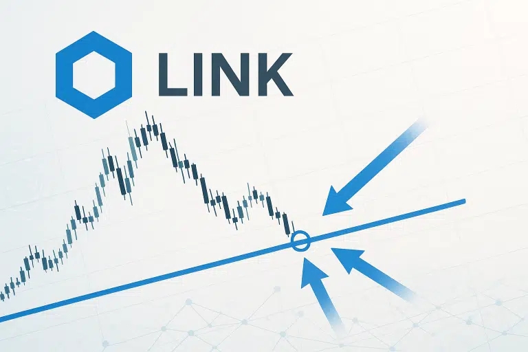 Chainlink logo above a falling candlestick price chart that dips to a blue horizontal support line highlighted by arrows indicating the critical support test.