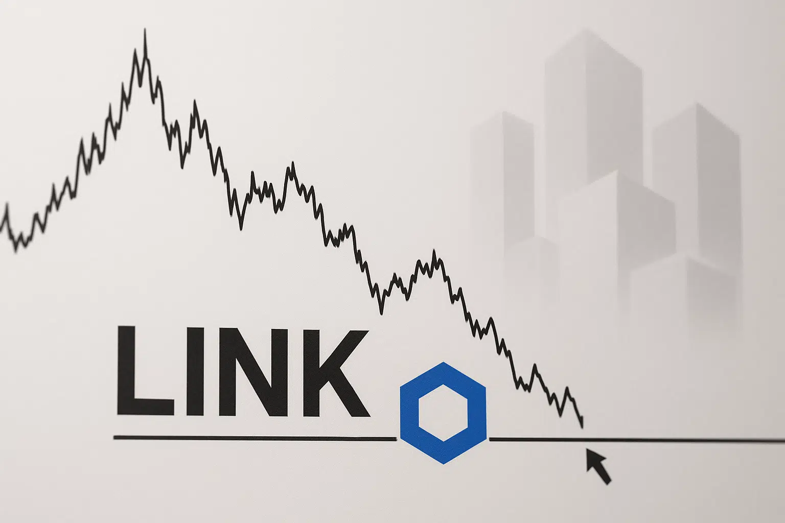 A sharply declining black line chart labeled “LINK” with the blue Chainlink hexagon logo testing a flat support line, set against faint silhouettes of high-rise buildings.
