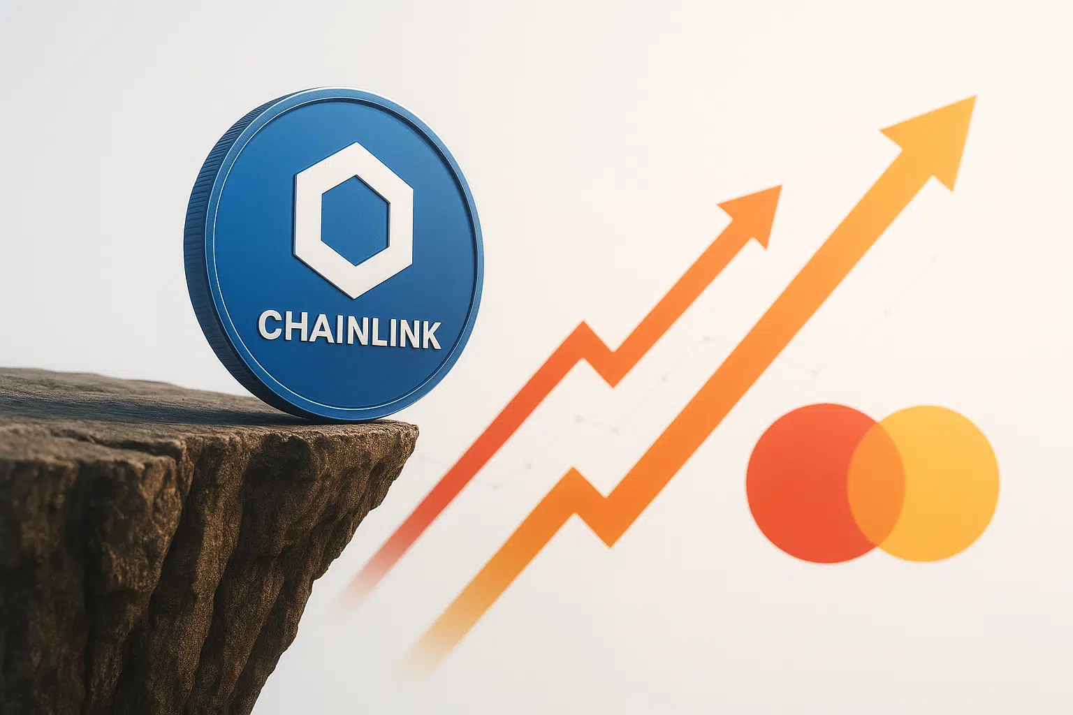 A blue Chainlink coin perched on a rocky cliff edge against a backdrop of rising orange arrows and the Mastercard logo, symbolizing integration-driven recovery hopes.