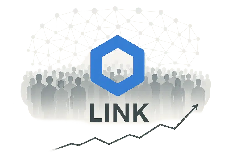 Chainlink hexagon logo over a crowd of silhouetted users with a background of interconnected network nodes and an upward-trending line graph