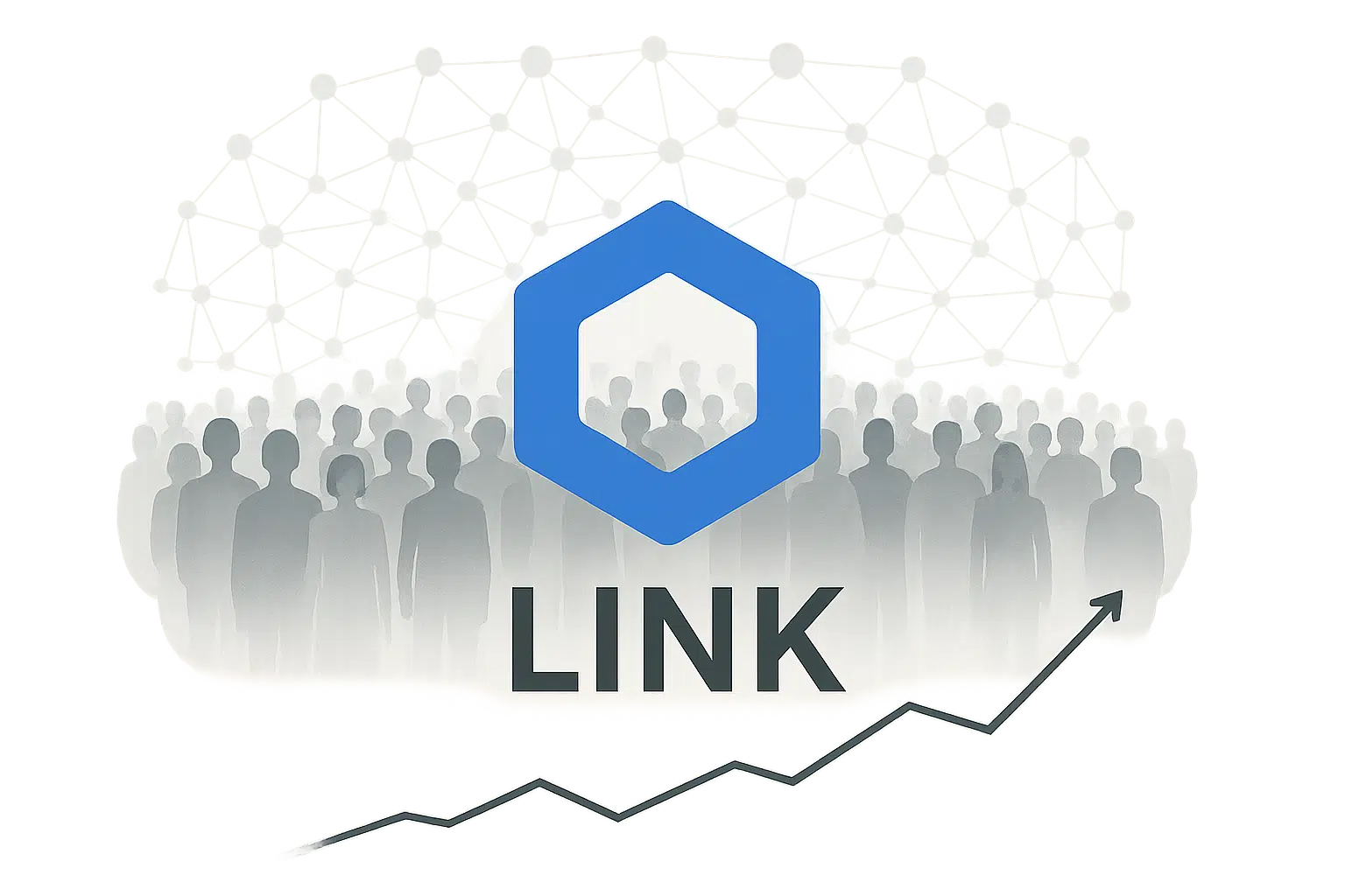 Chainlink hexagon logo over a crowd of silhouetted users with a background of interconnected network nodes and an upward-trending line graph