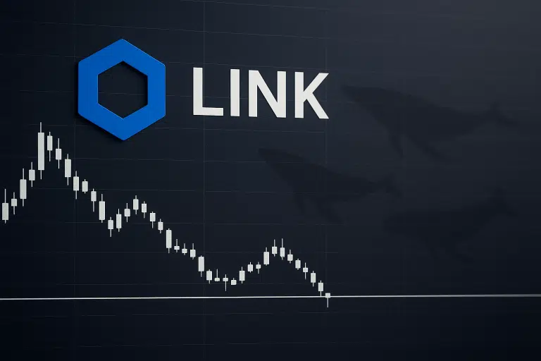 Chainlink logo and the word LINK over a dark candlestick price chart showing a downtrend testing a horizontal support line, with faint whale silhouettes in the background.