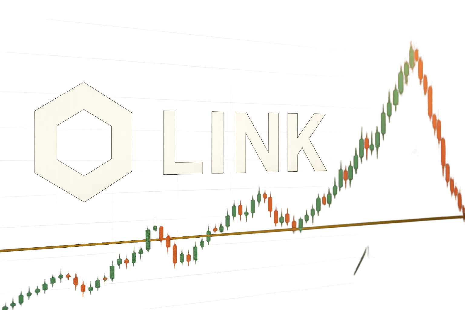 Chainlink’s hexagonal logo and “LINK” text overlaid on a green and red candlestick chart with a yellow trendline, illustrating a rally and recent support test.