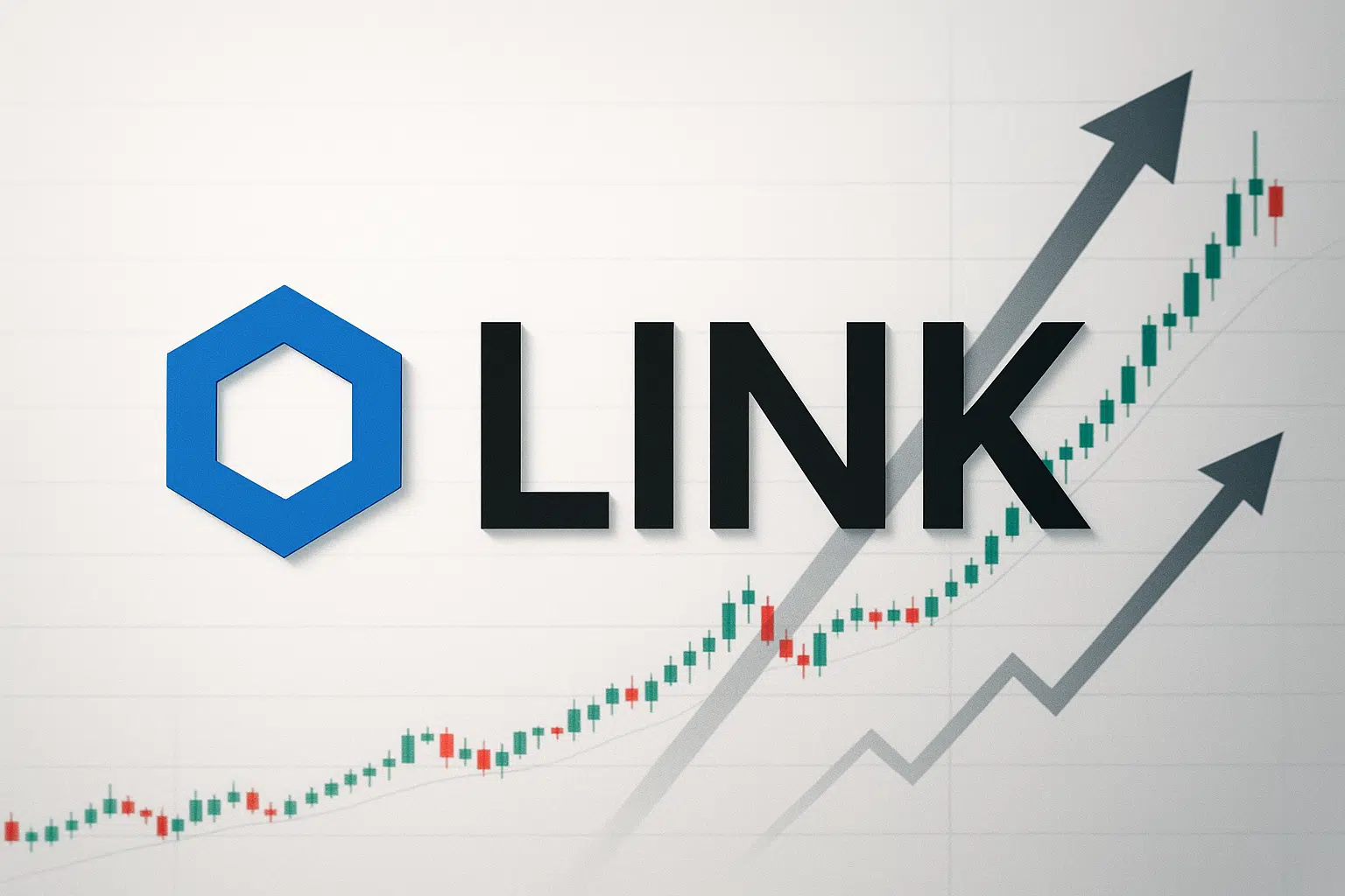 Chainlink logo and name over a rising candlestick chart with upward arrows, symbolizing LINK testing multi-month resistance amid DeFi partnerships driving recovery momentum
