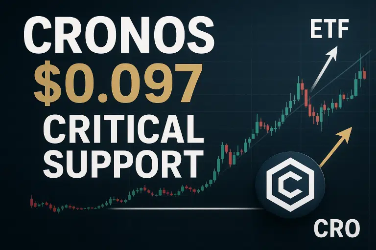 Dark candlestick chart of Cronos (CRO) price action testing support at $0.097, bold text reading “CRONOS $0.097 CRITICAL SUPPORT,” upward arrows pointing to “ETF” and to the CRO token logo indicating bullish speculation.