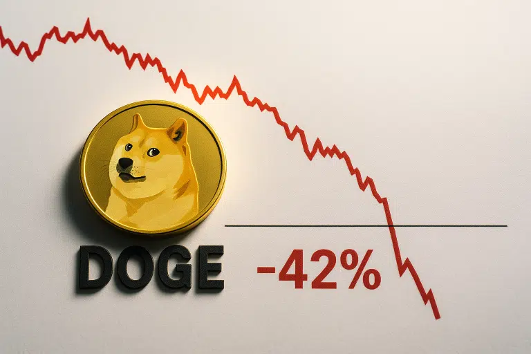 Gold Dogecoin token with Shiba Inu face beside a steeply descending red line graph and “-42%” text, symbolizing DOGE testing $0.14 support after a 42% monthly plunge