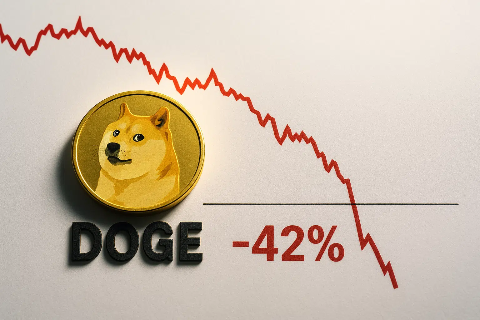 Gold Dogecoin token with Shiba Inu face beside a steeply descending red line graph and “-42%” text, symbolizing DOGE testing $0.14 support after a 42% monthly plunge