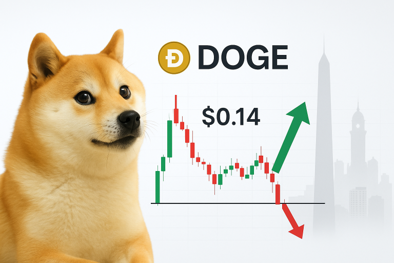 Shiba Inu dog in front of a Dogecoin candlestick chart showing price hovering at $0.14 support with green upward and red downward arrows and a faint Buenos Aires skyline silhouette behind