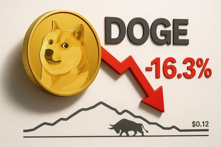 Large gold Dogecoin coin featuring the Shiba Inu mascot, bold “DOGE” label, a red descending arrow marked “-16.3%”, and a minimalist price chart with a bull silhouette at the $0.12 support zone.