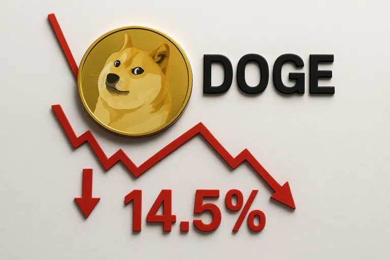 A gold Dogecoin token bearing the Shiba Inu face beside bold black “DOGE,” above a red zigzagging downward arrow pointing to “14.5%” indicating a steep weekly decline.