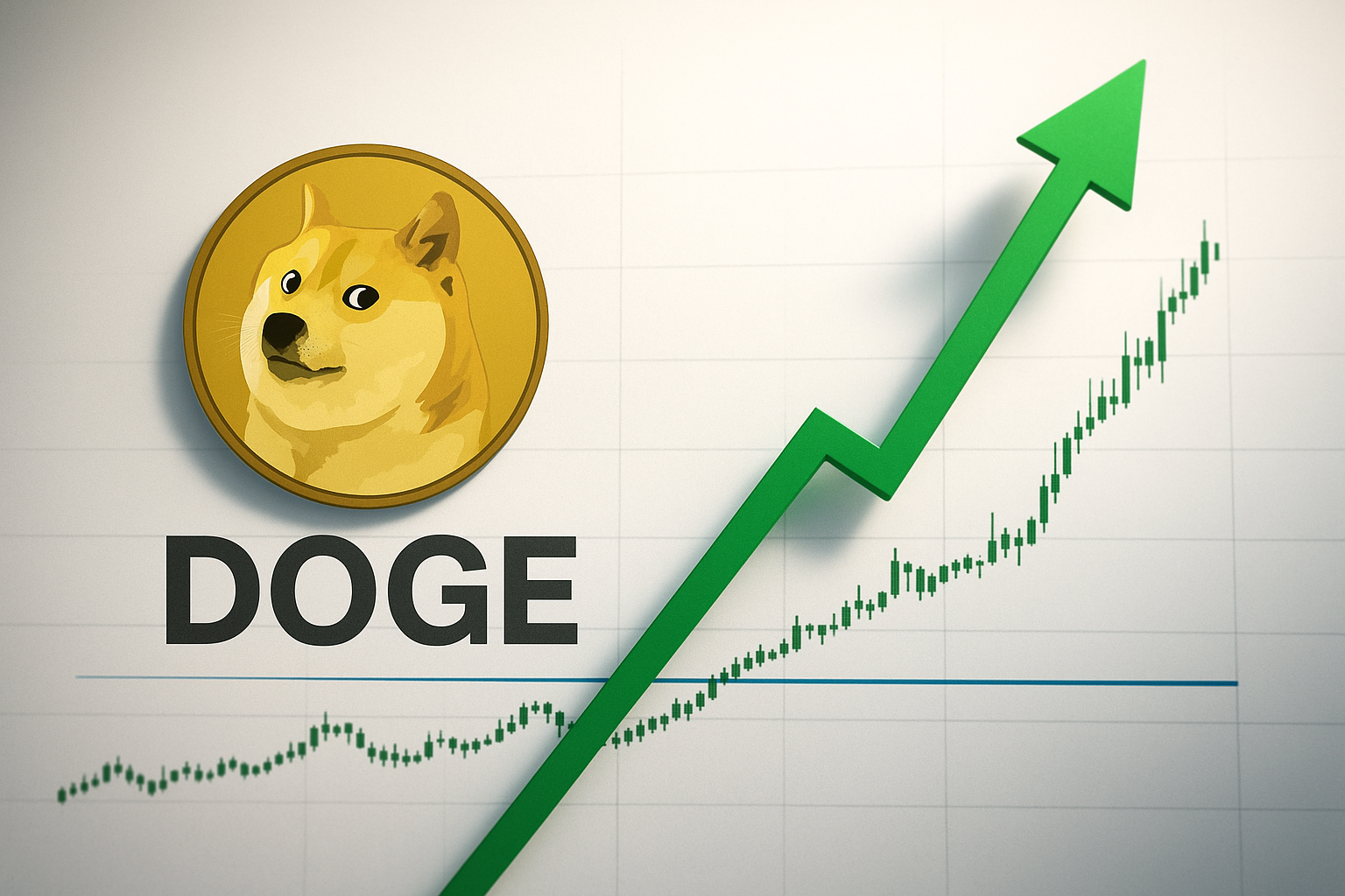 Illustration of a golden Dogecoin coin and the word “DOGE” alongside a green arrow pointing sharply upward over a rising candlestick price chart.