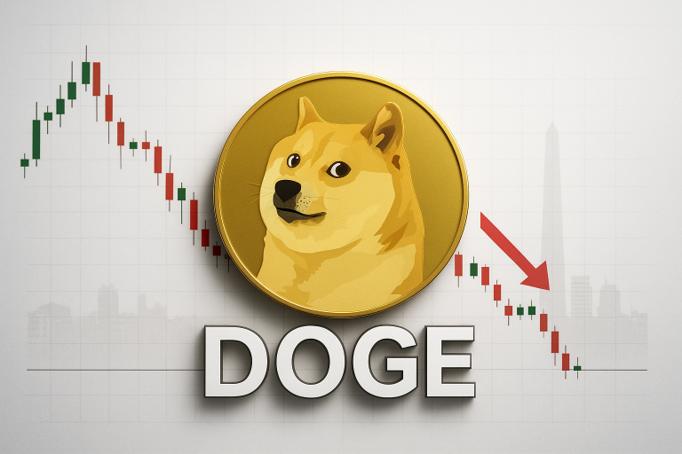 Gold Dogecoin coin with Shiba Inu logo in front of a red-and-green downward-trending candlestick chart and a red arrow pointing lower, with “DOGE” in bold beneath.