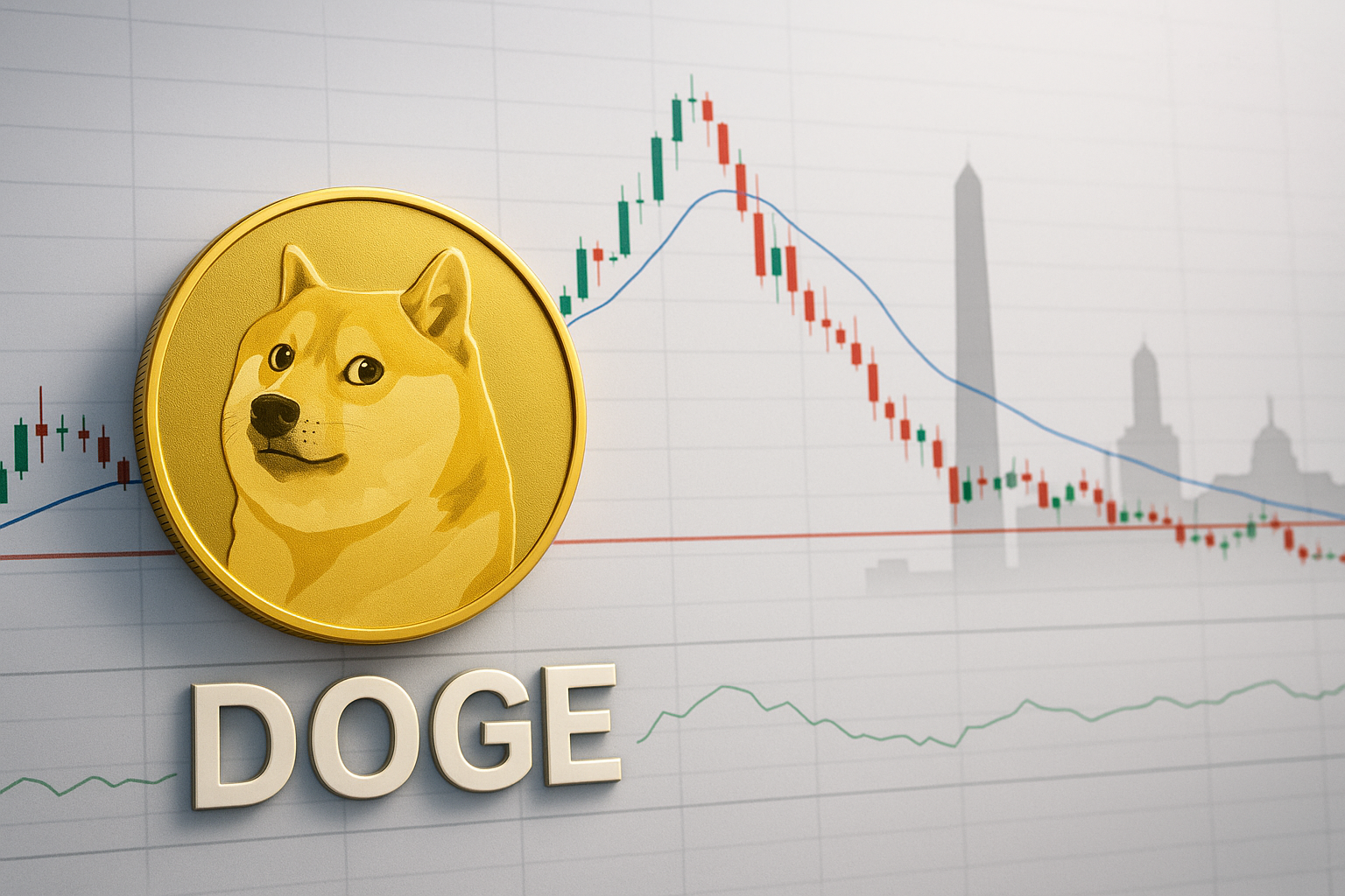 Gold Dogecoin coin featuring the Shiba Inu logo and the word DOGE in front of a red-and-green candlestick price chart with a blue moving average line, set against a silhouetted Buenos Aires skyline.