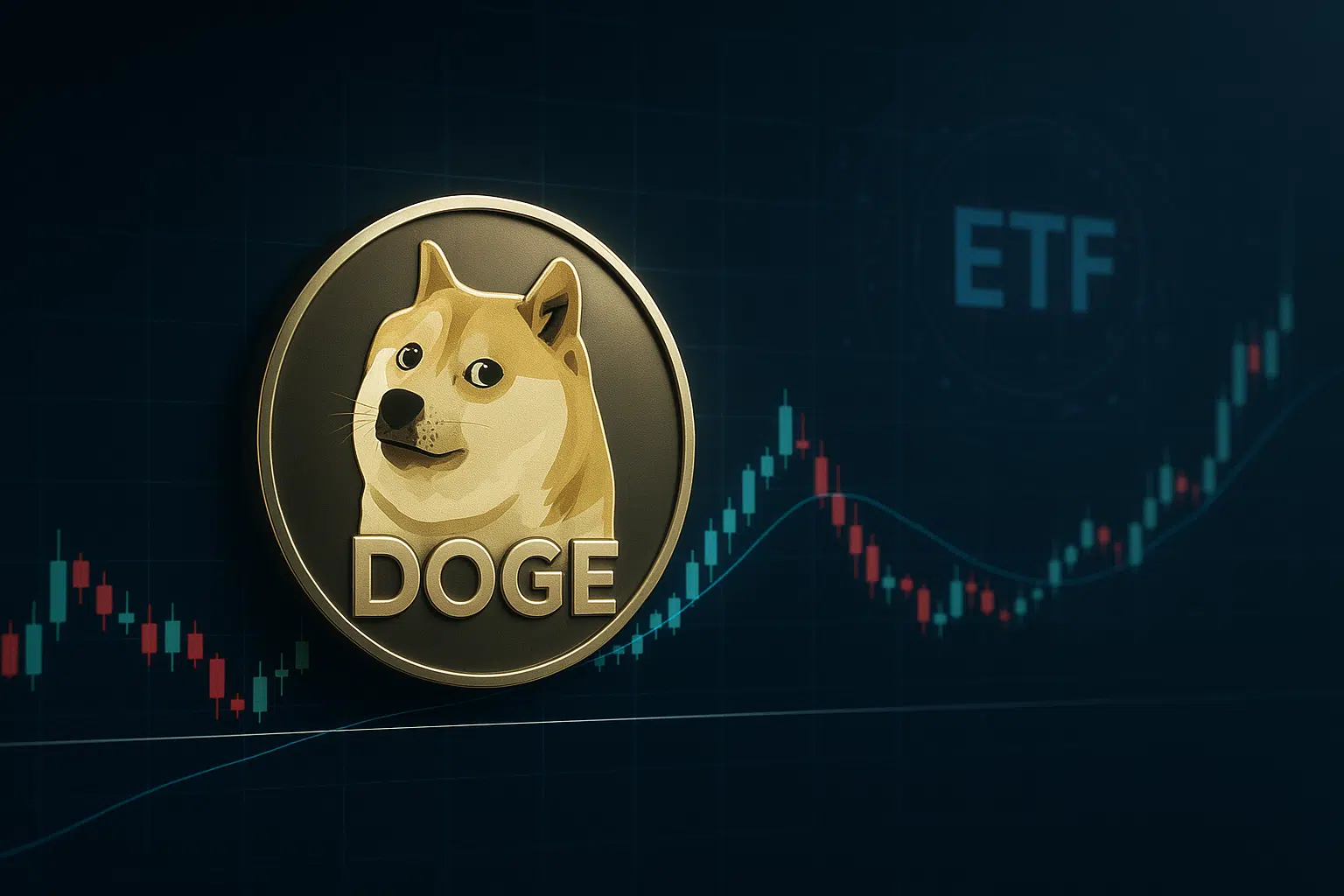 Golden Dogecoin coin featuring the Shiba Inu logo overlaid on a dark candlestick chart with red and green bars and the letters ETF in the background.