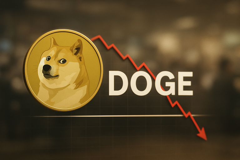 Graphic of a gold Dogecoin coin featuring the Shiba Inu dog face and the word “DOGE,” overlaid on a red downward‐sloping line chart indicating a decline in price.