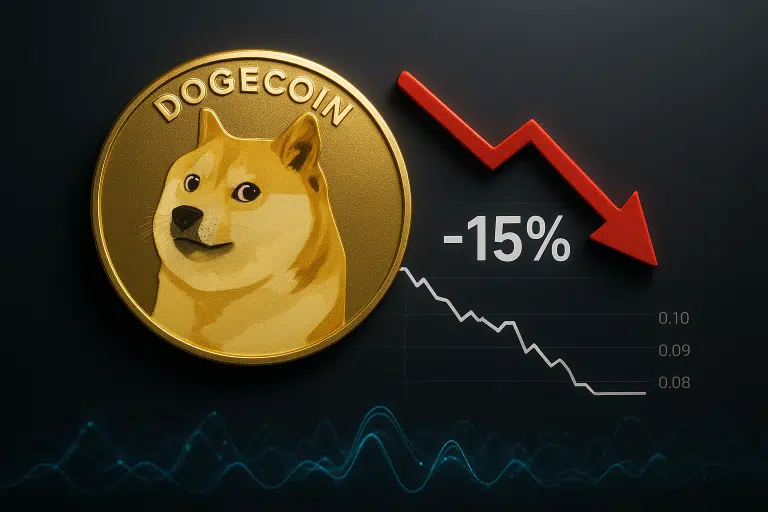 Gold Dogecoin coin showing the Shiba Inu logo beside a red downward arrow and “-15%” label over a declining price chart and blue network activity waveforms on a dark background.