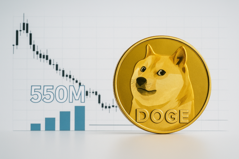 A gold Dogecoin coin featuring the Shiba Inu dog in the foreground, set against a downward-trending candlestick chart marked “550M” with blue volume bars rising at the bottom.