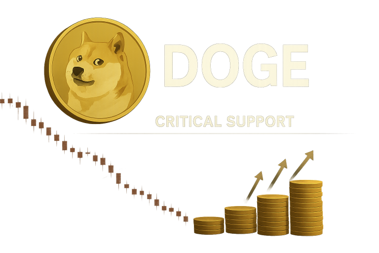 A large gold Dogecoin coin featuring the Shiba Inu mascot alongside the words “DOGE” and “Critical Support,” set against a fading downtrend price chart and ascending stacks of gold coins with upward arrows symbolizing whale accumulation.