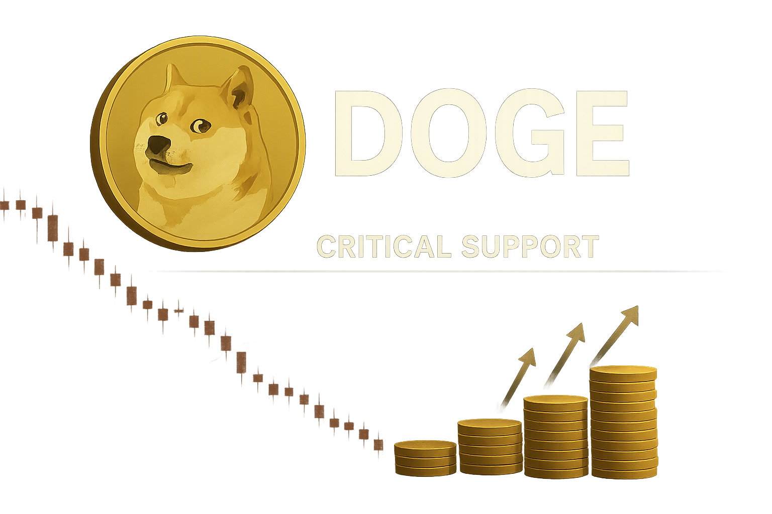 A large gold Dogecoin coin featuring the Shiba Inu mascot alongside the words “DOGE” and “Critical Support,” set against a fading downtrend price chart and ascending stacks of gold coins with upward arrows symbolizing whale accumulation.