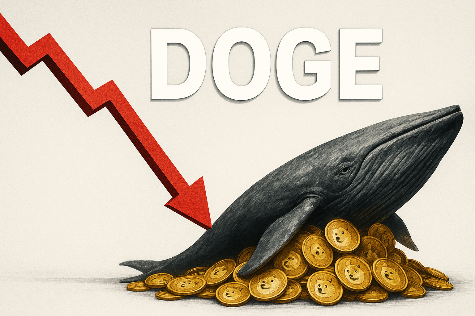 Illustration of a giant whale perched on a heap of golden Dogecoin tokens beneath the bold word “DOGE,” with a red zigzag arrow pointing downward to indicate a sharp price drop