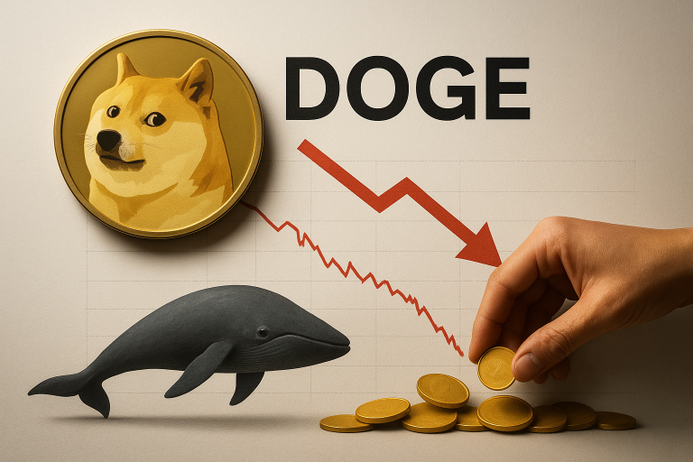 Stylized gold Dogecoin coin with a plunging red arrow chart indicating a six-month low, a whale silhouette below the graph, and a human hand stacking gold tokens at the chart’s support level to symbolize whale accumulation of 550 million DOGE.