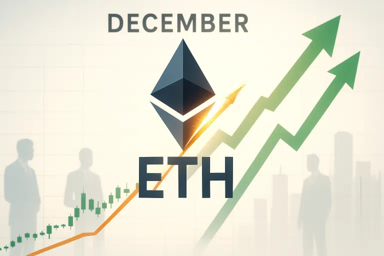 Ethereum logo surges on orange and green rising price lines beneath “December”, with green candlesticks, upward arrows and business silhouettes in the background.