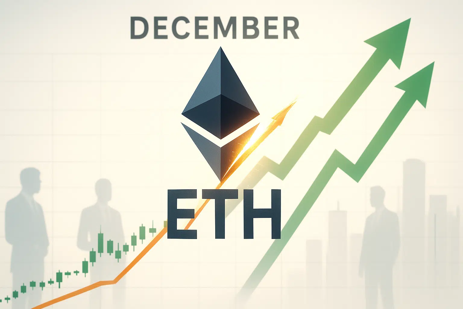 Ethereum logo surges on orange and green rising price lines beneath “December”, with green candlesticks, upward arrows and business silhouettes in the background.