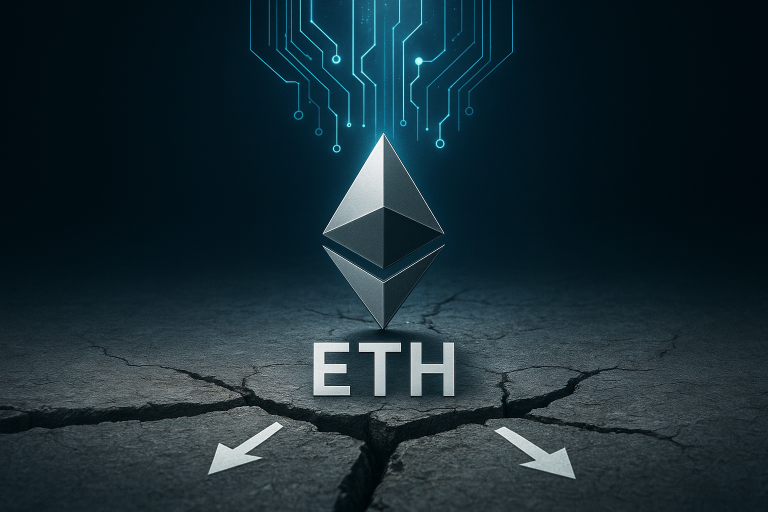 Metallic Ethereum logo hovering above a deep crack in a dark ground, flanked by two white arrows pointing downward and topped by glowing blue circuitry lines, symbolizing key support under pressure.