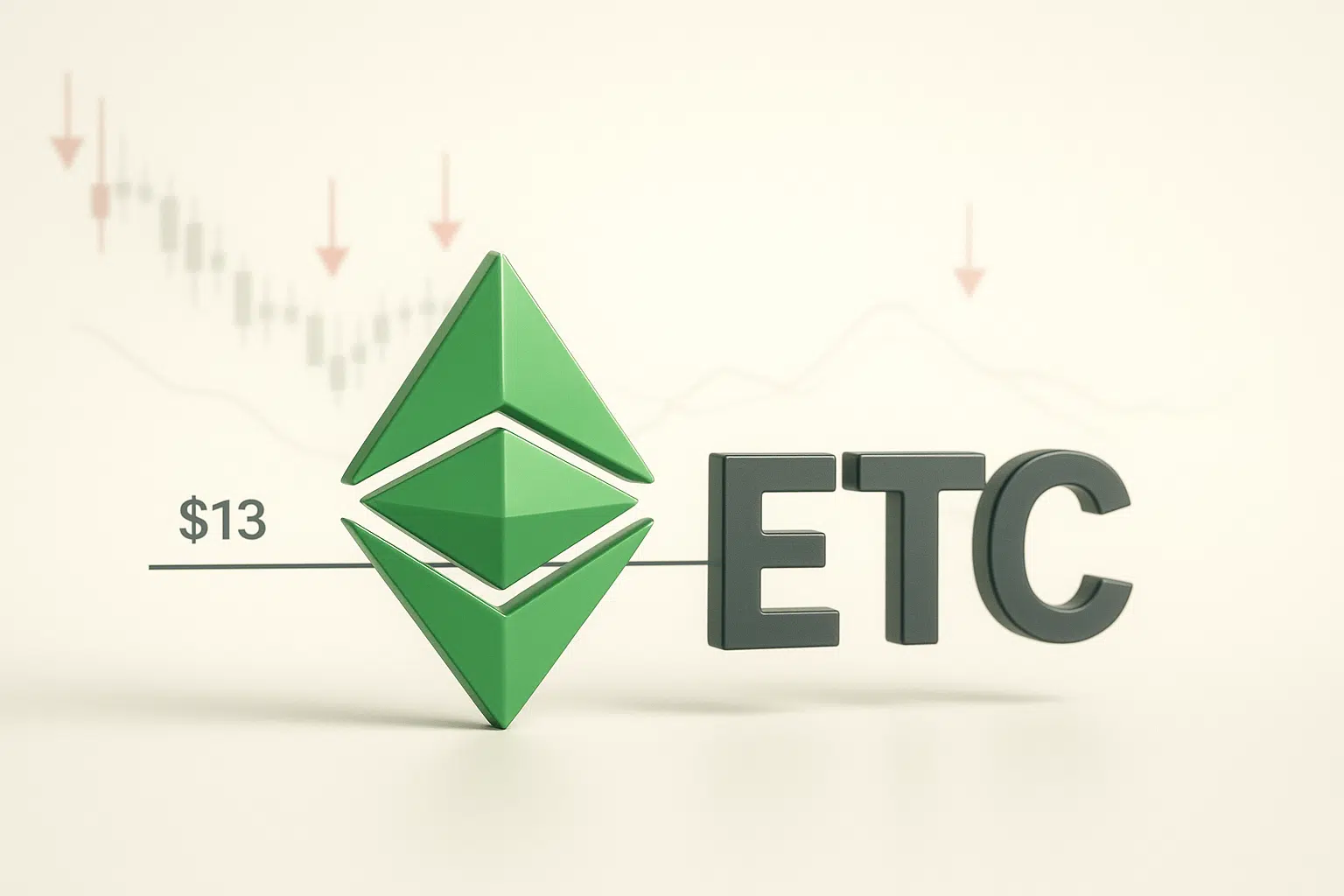 3D green Ethereum Classic symbol and “ETC” text hovering above a $13 support line, set against a faint declining candlestick chart with downward red arrows in the background.