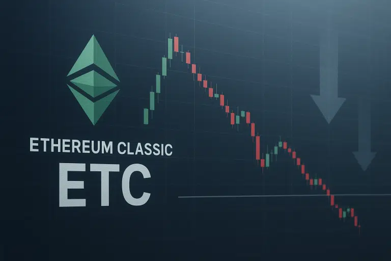 Ethereum Classic logo and “ETC” ticker beside a red and green candlestick chart on a dark grid background showing a steady downward trend with large faded arrows pointing down.